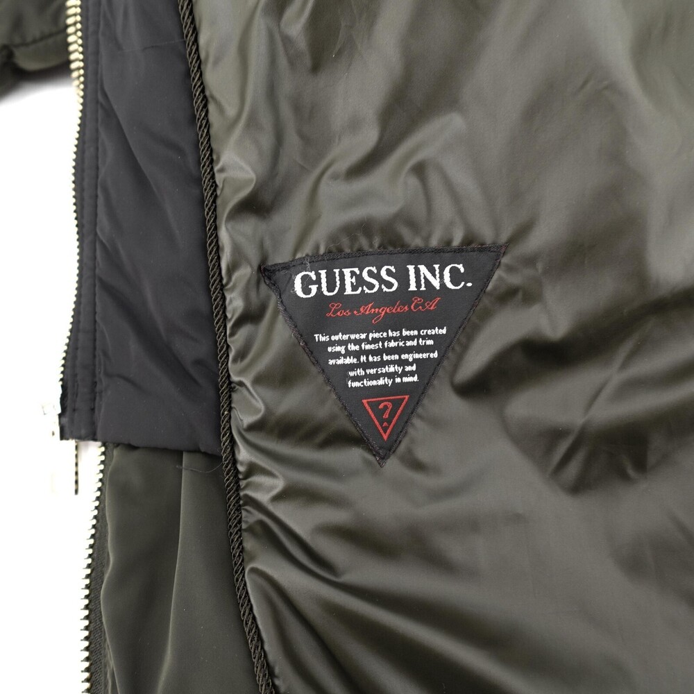 GUESS Jacket Womens Large Green Puffer Hood Faux Fur Trim Zip Pockets Warm - Picture 14 of 16